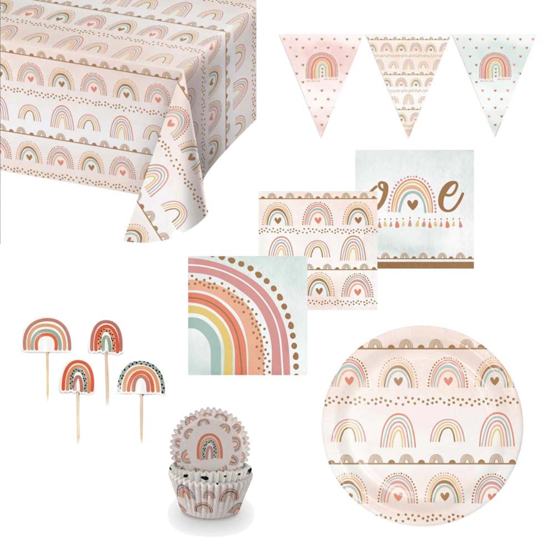 Boho Rainbow Party Supplies, Rainbow Birthday Tableware Cups Plates