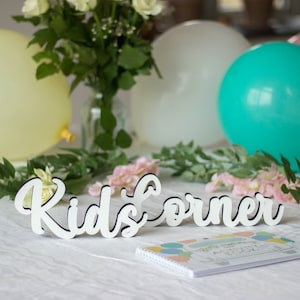 Sinal de mesa de canto para crianças de casamento, decorações de casamento de madeira, sinal autônomo de madeira branco, sinal de casamento, área de festa de canto para crianças