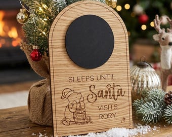 Personalised Winnie The Pooh Christmas Sleeps Until Santa Chalkboard Sign, Baby Keepsake, Child Name Gift, Wooden Decoration