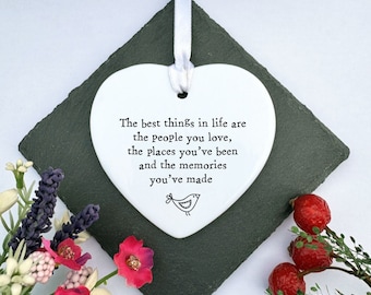 Personalised Hanging Porcelain Keepsake Heart, 'The Best Things In Life..', Ceramic Ornament, Christmas Gift, Gift For Family Friends