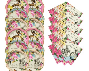 20 Truly Alice In Wonderland Napkins And 12 Party Plates Pack, Mad Hatters Tea Party, Afternoon Tea Party, Floral Plates Napkins