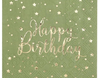 20 Olive Green Gold Happy Birthday Napkins, Cocktail Canape Small Paper Napkins, Birthday Party Tableware, Gold Foiled Cake Napkins