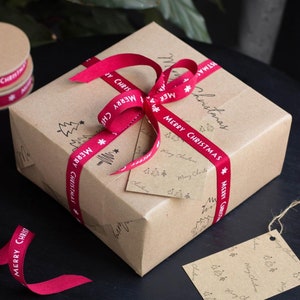 2 mots joyeux Noël Feuilles de papier d’emballage avec ruban d’étiquettes cadeaux, ensemble d’emballage cadeau de Noël, emballage cadeau de vœux écologique