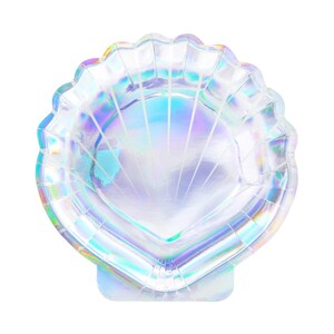 May include: Iridescent seashell-shaped paper plate. The plate has a scalloped edge and a pearlescent finish that reflects a spectrum of colors, including blue, green, and purple. The plate is designed to resemble a seashell.