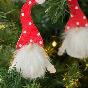 2 Christmas Spotty Hat Gonks, Tree Hanging Decorations, Nordic Christmas Decorations, Hanging Gonks, Festive Wooden Tree Decorations