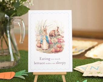 Peter Rabbit A5 Sign & Easel, 1st Birthday Sign, 'Eating Too Much Lettuce..', Easter Rabbit Party, Christening Baptism Table Decoration