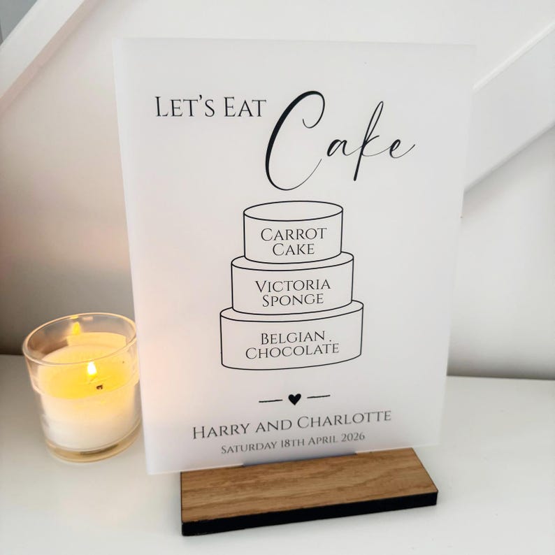 Personalisierte Hochzeitstorte Menü, Hochzeit Dessert Zeichen, Party Kuchen Flavours Zeichen, klassisches A5 A4 undurchsichtiges Acrylschild, benutzerdefinierte Menüs der Kategorie 2 A4