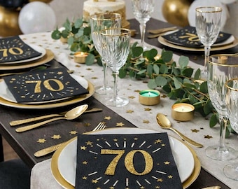 10 Black Gold 70th Birthday Party Napkins, Foil 70th Birthday Paper Napkins, Age 70 Birthday Tableware, 70th Milestone Birthday Partyware