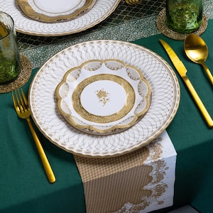 12 Small Gold Floral Paper Plates, Dessert Party Plates, Porcelain-effect Flower Plates, Cake Plates, Gold Partyware Tableware