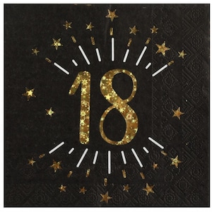 10 tovaglioli per feste di compleanno 18° compleanno in oro nero, tovaglioli di carta per compleanno 18° compleanno in lamina, stoviglie per compleanno 18°, articoli per feste di compleanno 18° traguardo