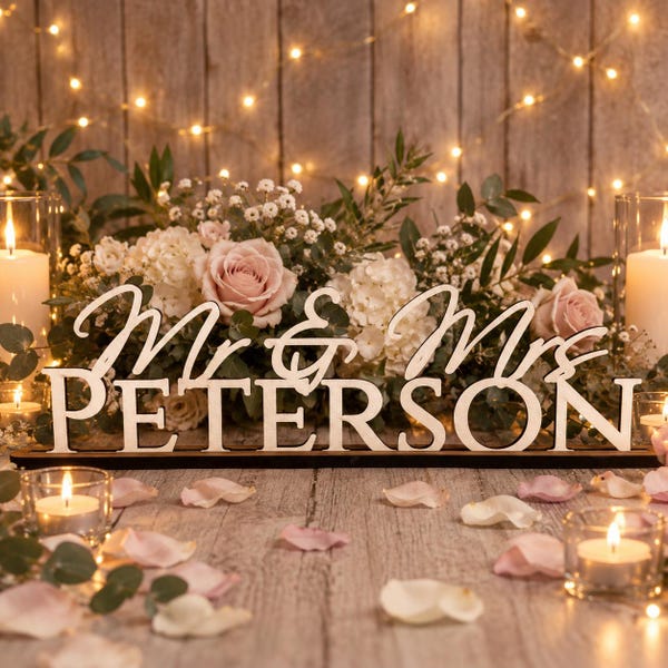 Personalised Wedding Name Sign with Stand – Custom Mr & Mrs Top Table Decoration, Mr and Mrs, Mr and Mr, Mrs and Mrs Wedding Keepsake Gift