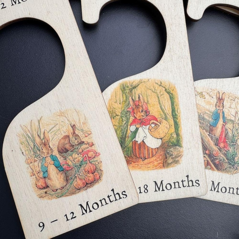 7 Peter Rabbit Nursery Hangers, Wooden Baby Clothes Dividers Colour Printed, New Born Gift, Baby Shower Keepsake, Wood Baby Keepsake image 6