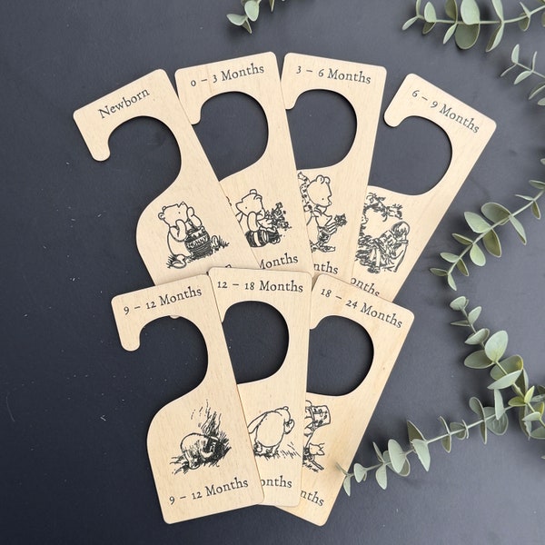 7 Winnie the Pooh Wooden Baby Clothes Dividers, Nursery Hangers New Born Gift, Baby Shower Keepsake Gift, First Outfit, Wood Baby Keepsake