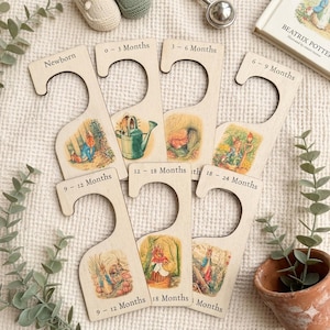 7 Peter Rabbit Nursery Hangers, Wooden Baby Clothes Dividers Colour Printed, New Born Gift, Baby Shower Keepsake, Wood Baby Keepsake image 1