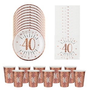 40th Birthday Party Pack For 10 People, Rose Gold 40th Birthday Tableware, 40th Party Plates, 40th Paper Napkins, 40th Paper Party Cups