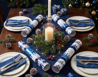 Blue Houses Christmas Crackers, Festive Paper Party Tableware, 34cm Crackers for Christmas Dinner & Family Celebrations, Set of 10