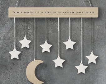 PERSONALISED MINI Wooden Nursery Hanging Gift, Baby Shower Gift, Twinkle Twinkle Hanger With Moon & Stars, Baby Nursery Accessories