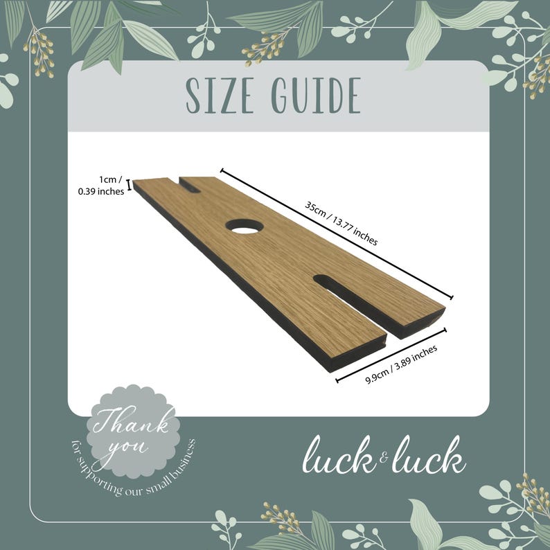 May include: Wooden wine glass holder with a light brown finish and black edges. The holder has a circular hole and two slots. Dimensions are 35cm/13.77 inches long and 9.9cm/3.89 inches wide. The text "SIZE GUIDE" is visible.