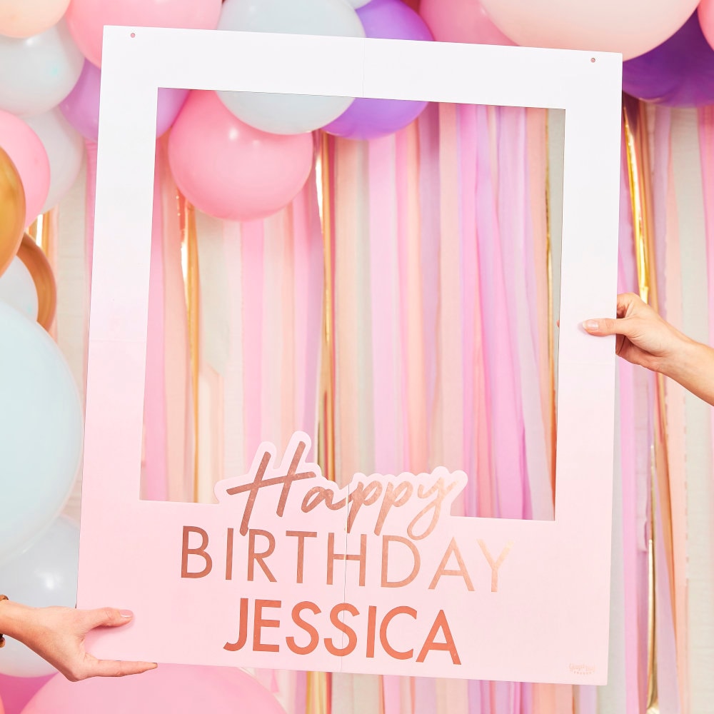 Personalised Happy Birthday Photo Booth Frame, Rose Gold Selfie