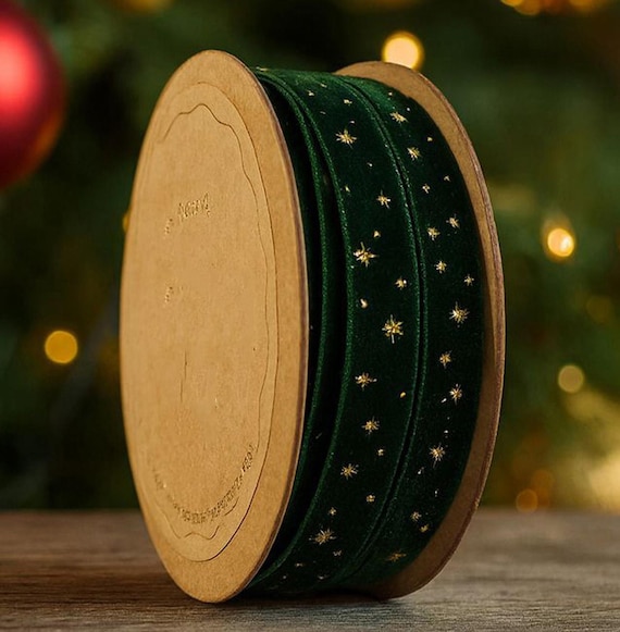 3m Green Velvet Ribbon with Gold Stars, Starry Christmas Ribbon for Gift Wrapping, DIY Crafts, Wreaths, Tree Decorations