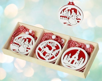 9 Wooden Christmas Tree Scandi Hanging Decorations Red And White, Festive Tree Decorations, Christmas Tree Decorations, Christmas Ornament