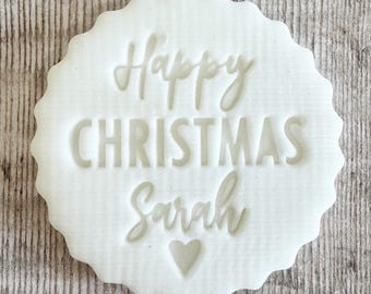 Personalised Happy Christmas With Heart Fondant Embosser, Custom Cookie Biscuit Stamp, Festive Cake Decorating, Cupcake Icing Decoration