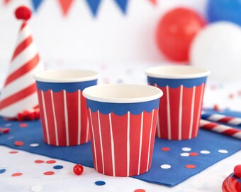 Red Striped Paper Party Cups, Small 9 cl Drink Cups for Birthdays, Kids Parties, Happy Celebrations and Table Styling (Pack of 10)