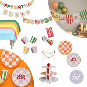 Decorações de festa alegres e coloridas, artigos para festa de aniversário, pratos, copos, bandeirolas, suporte para bolo e toalha de mesa à sua escolha.