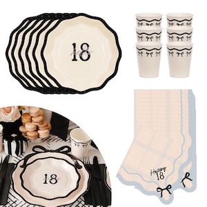 Hello 18 Party Pack For 6, Eighteenth Party, 18th Birthday, Black Bow Design Plates, Napkins & Cups Set