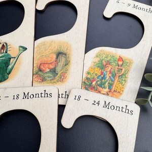 7 Peter Rabbit Nursery Hangers, Wooden Baby Clothes Dividers Colour Printed, New Born Gift, Baby Shower Keepsake, Wood Baby Keepsake image 4