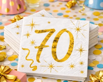 20 Cocktail Gold 70th Birthday Party Napkins, Canape 70th Birthday Paper Napkins, Age 70 Foil Birthday Tableware, 70th Milestone Partyware