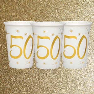 10 bicchieri di carta per il 50° compleanno d'oro, tazze per la festa di compleanno di 50 anni, 50° compleanno d'oro, compleanno della pietra miliare, 50 decorazioni per la tavola