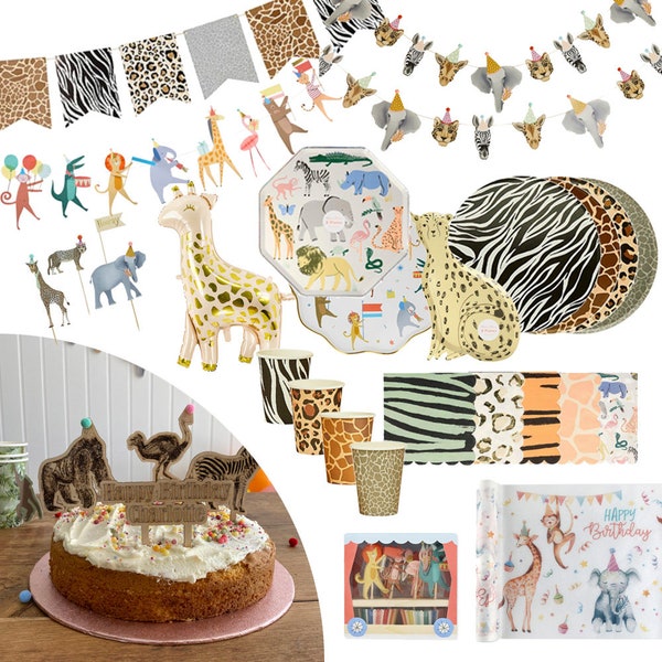 Vaisselle de fête d'anniversaire d'animaux pour enfants, décorations d'animaux de la jungle Safari, décorations de gâteau personnalisées pour animaux, assiettes, serviettes, ballons, tasses