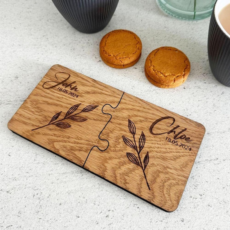 Personalised Coaster With Names Date, Leaf Design, Engraved Wooden Coaster, His Her Gift, Mr Mrs Gift, Anniversary Wedding Gift, Set Of 2 image 4