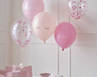 5 Rosa Konfetti Happy Birthday Luftballons, Mädchen Partydekoration, Pamper Party Luftballons, Rosa Party Luftballons