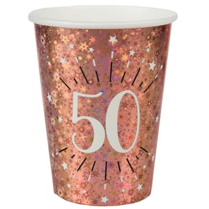 May include: Rose gold paper cups with a glittery star pattern and the number 50 in the center.