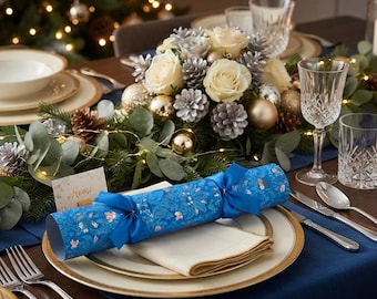 Pub Quiz Game Christmas Crackers, Recyclable Blue Festive Paper Tableware, 32cm Crackers with Quiz Questions and Clues, Set of 6