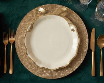 Platos de papel navideños, diseño de lazo dorado beige, vajilla festiva para fiestas, decoración alegre para la mesa de fiestas de temporada, paquete de 6