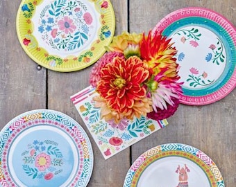 12 Floral Boho Bright Paper Party Plates, Boho Wedding Plates, Floral Wedding Plates, Boho Party, Afternoon Tea Party Plates