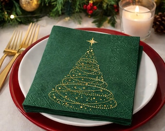 Christmas Paper Cocktail Napkins, Green Sparkle Disposable Festive Tableware for Holiday Party Tables (Pack of 20, 25 cm)