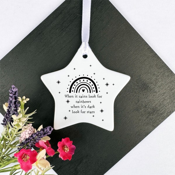 Personalised Porcelain Hanging Star Gift, Thinking of You Keepsake, When It Rains Look For Rainbows, Condolence Bereavement Remembrance