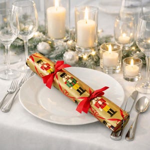May include: A gold-colored Christmas cracker featuring a repeating nutcracker pattern and tied with two bright red ribbons. The cracker is positioned diagonally across a white ceramic dinner plate on a table set with glassware and candles.