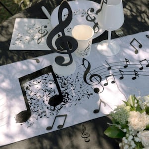 Runner da tavolo con note musicali, stoviglie per feste con note musicali, feste in discoteca, articoli per feste di compleanno per musicisti, espositore da tavolo bianco nero 5 m