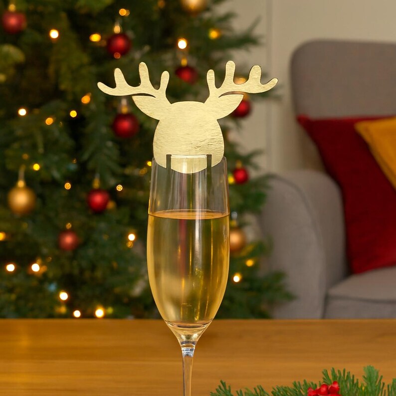 10 Gold Christmas Reindeer Foil Drink Toppers, Festive Party Novelty Table Decoration, Party Tableware, New Years Eve Party Decoration image 2