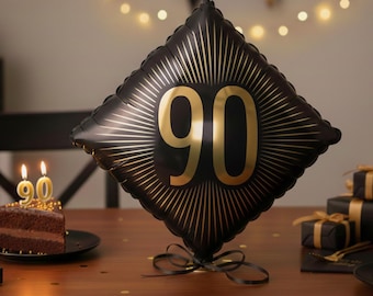90th Birthday Party Foil Balloon - Black and Gold Celebration Decoration - 90th Venue Decoration Backdrop, Age 90 Milestone Birthday