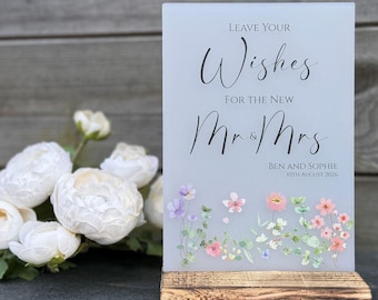 Leave Your Wishes Sign Guest Book Sign, Personalised Wedding Floral Acrylic Table Sign, Mr Mrs Sign, Wedding Reception Decoration A5 A4