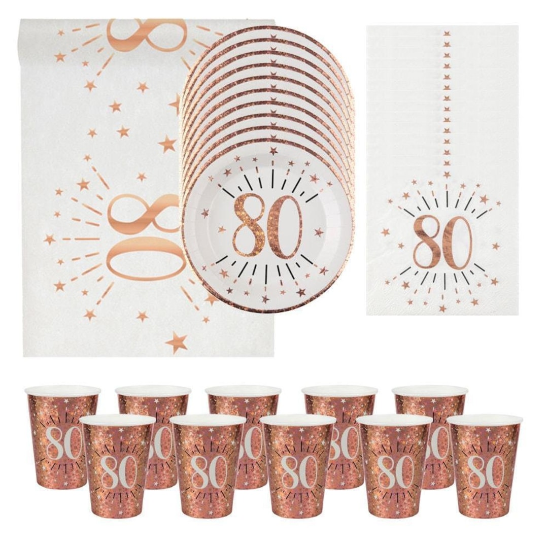 80th Birthday Party, Rose Gold 80th Birthday Tableware, 80th Birthday Cups Plates Napkins
