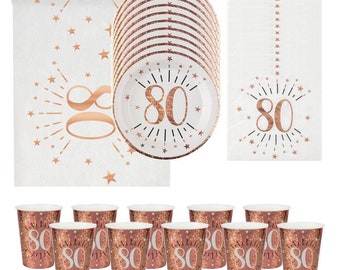 80th Birthday Party, Rose Gold 80th Birthday Tableware, 80th Birthday Cups Plates Napkins & Table Runner, Girls Milestone Birthday Party