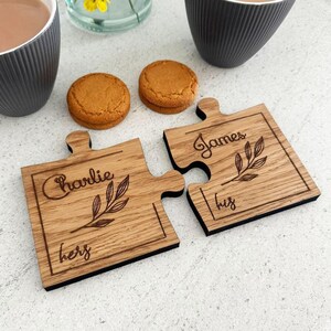 Personalised Wooden Jigsaw Coaster Set Of 2 - Engraved With Names & Date, Leaf Design, Wedding/Anniversary Gift