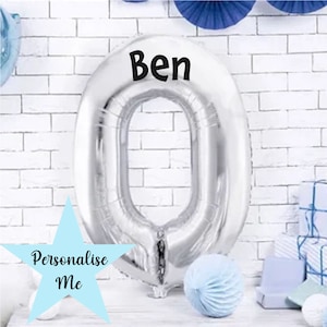 Personalisierte Jumbo Silber Zahl 0 Ballon, Geburtstag Alter Ballon mit Name 86cm, Partydekorationen 10.20.30.40.50., Vinyl Aufkleber